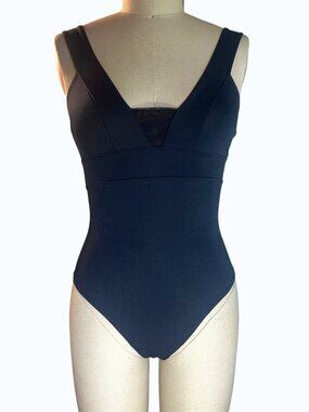 Accessorize London Black Mesh One Piece Swimsuit V-Neck Back US 4 S